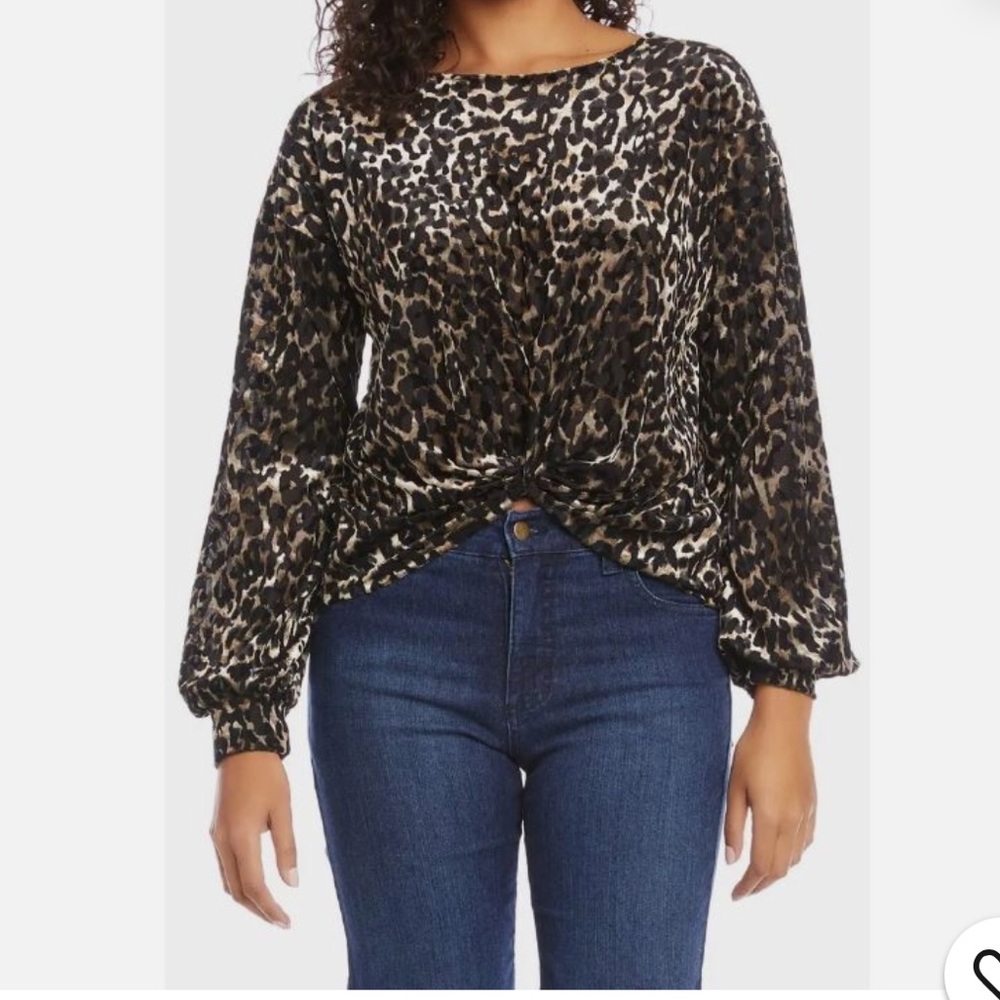 Karen Kane Black Burnout Velvet Leopard Print Twist Front Blouse Size 2X